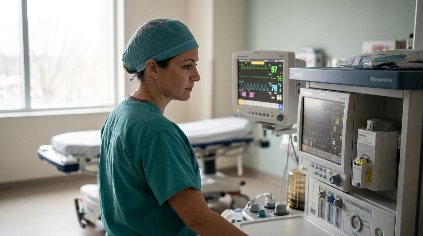 Anesthesia provider reviewing patient monitors at an anesthesia workstation