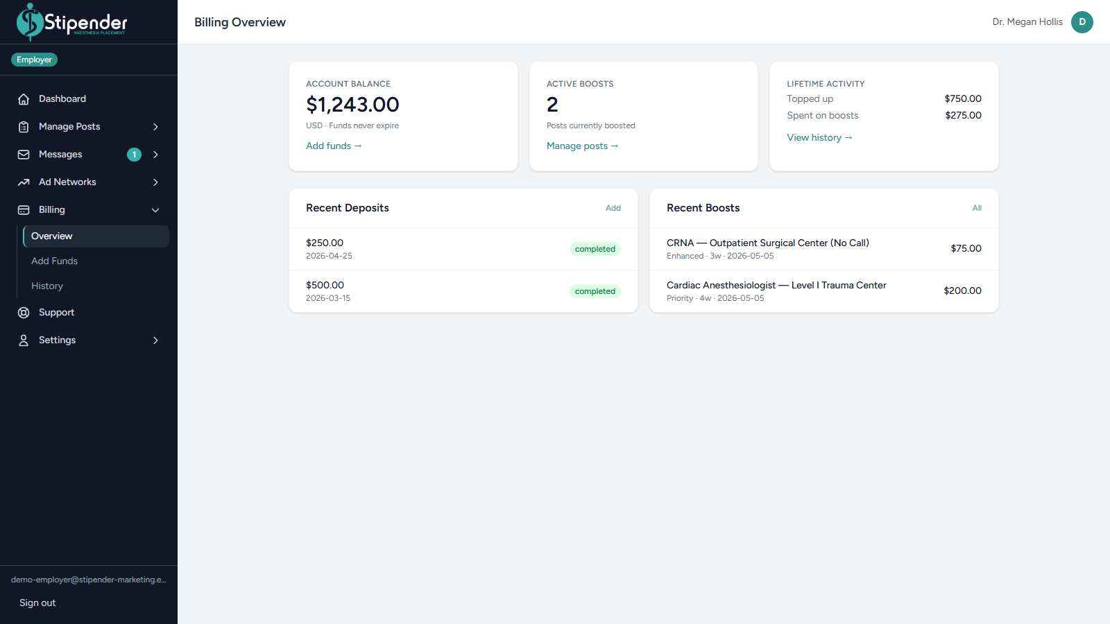 Stipender billing overview showing account balance, active boosts, and recent deposits