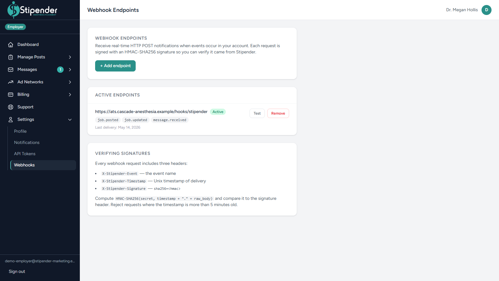 Stipender webhook endpoints settings showing a configured, signed endpoint