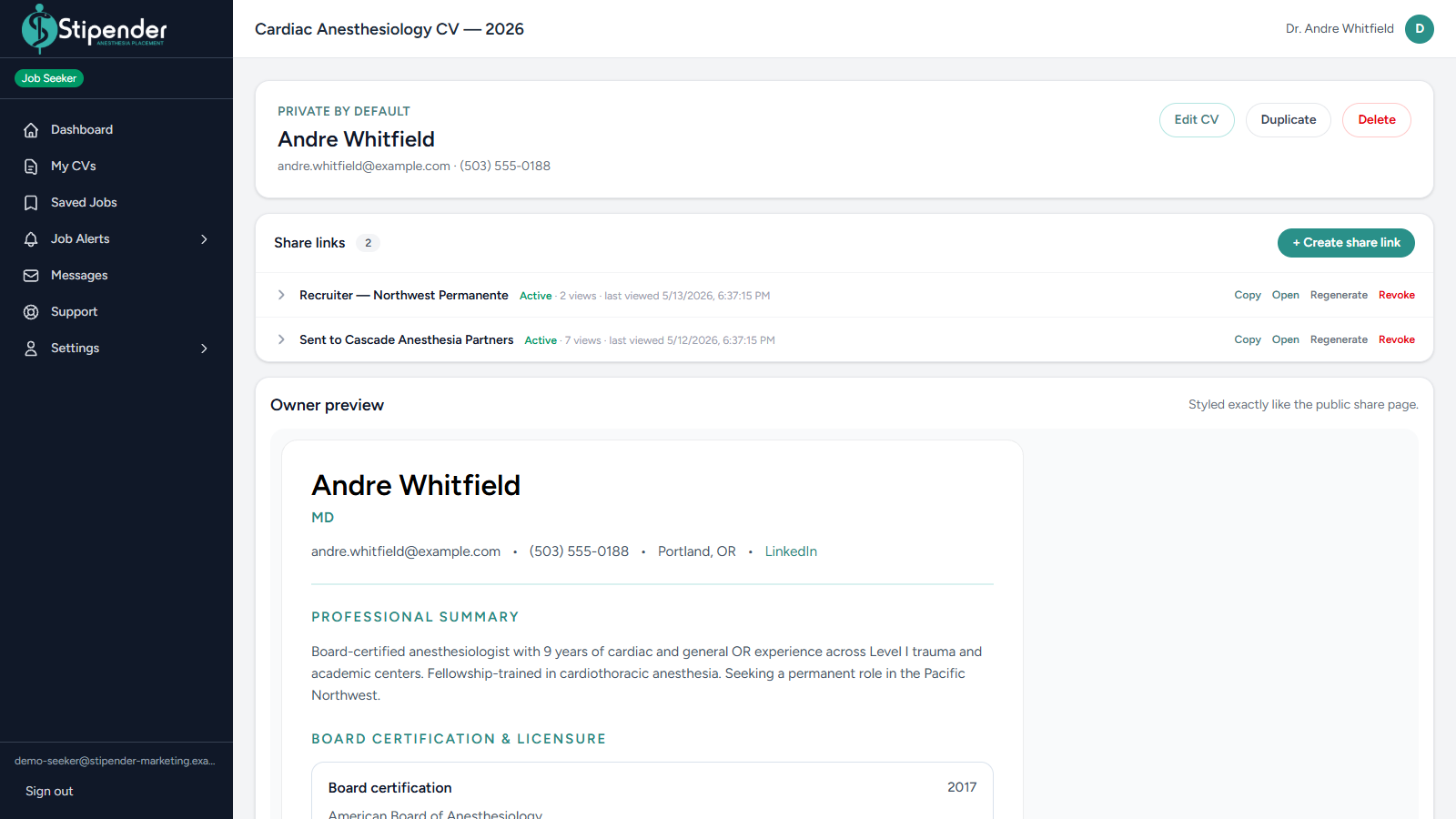 Stipender CV builder showing share links with view counts and a CV preview